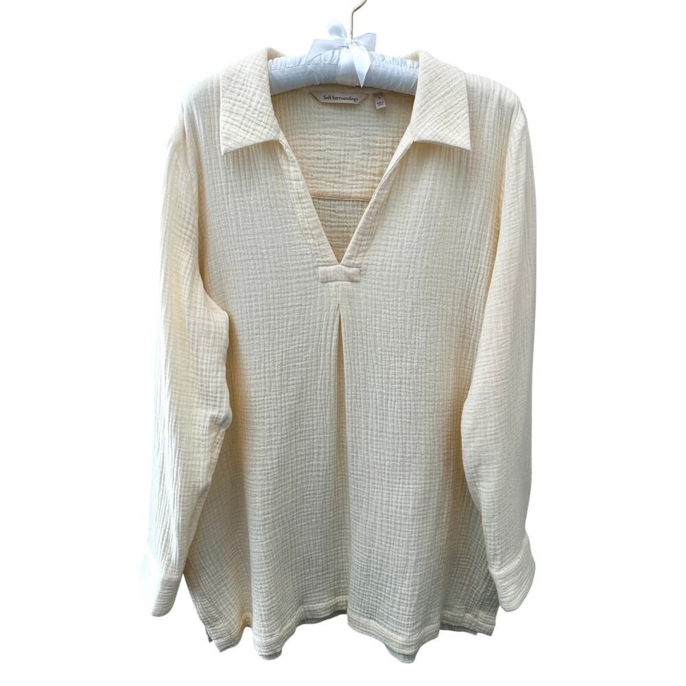SOFT SURROUNDINGS | Cream Cotton Gauze Tunic Top Boho Collared Blouse | Large - Picture 2 of 8
